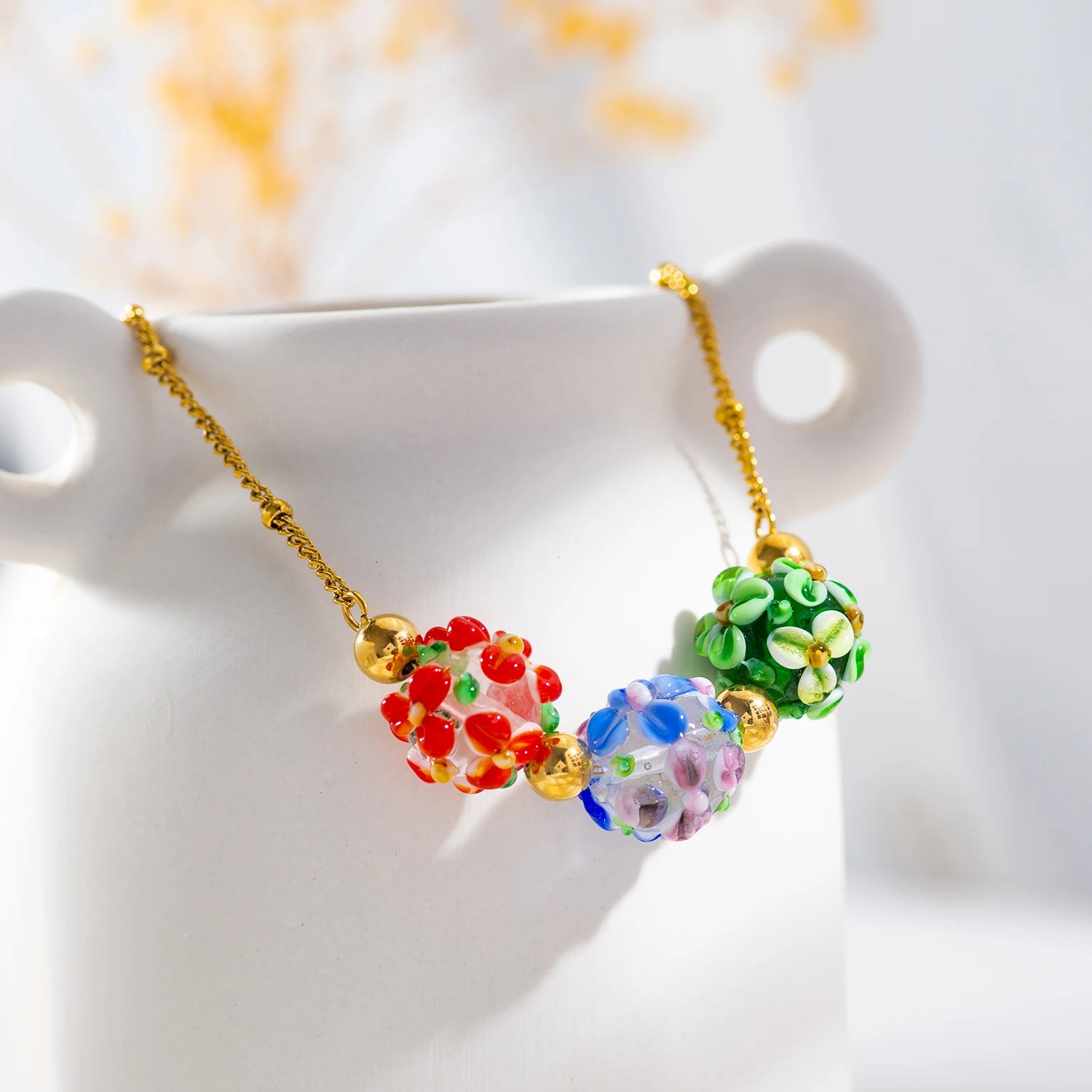 Spherical Colorful Glass Flower Necklace